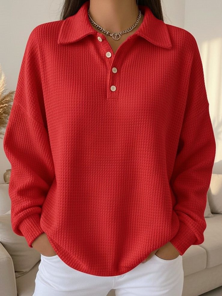 Comfortable Waffle Knit Polo Sweater for Women with Collared Long Sleeve Button Front Oversized Style
