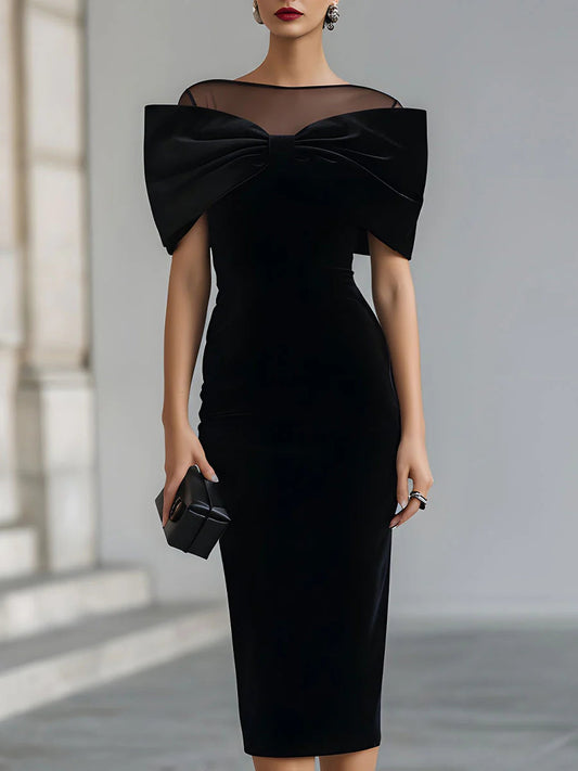 Elegant Black Velvet Midi Dress for Women with Illusion Neck Off Shoulder Bow Bodycon Cocktail Style