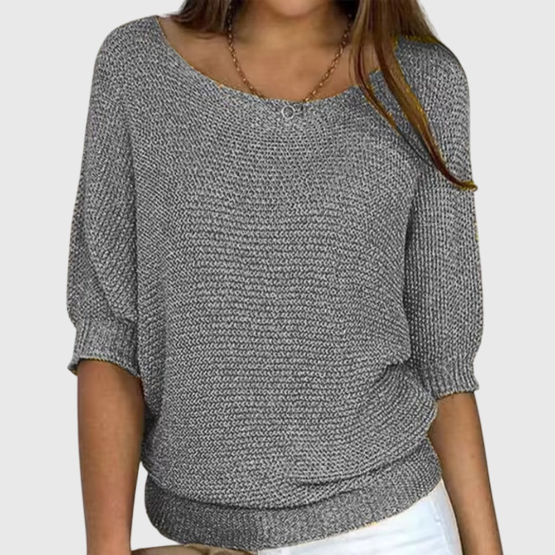 Comfortable Ribbed Sweater for Women with Scoop Neck Batwing Sleeve Relaxed Oversized Knit Style