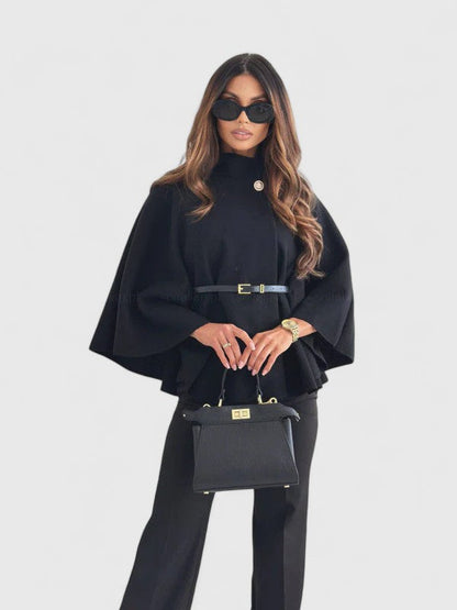 Elegant Textured Poncho for Women with High Neck Bell Sleeve Belted Peplum Style
