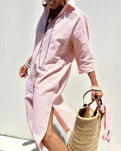 Effortless Striped Linen Shirt Dress for Women with Collar Elbow Sleeve Button Front Side Slit Casual Style