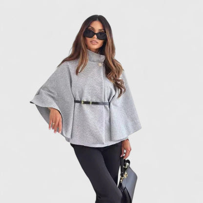 Elegant Textured Poncho for Women with High Neck Bell Sleeve Belted Peplum Style