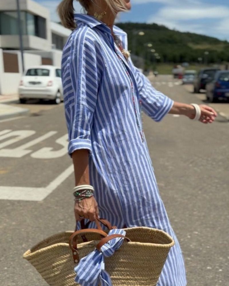 Effortless Striped Linen Shirt Dress for Women with Collar Elbow Sleeve Button Front Side Slit Casual Style