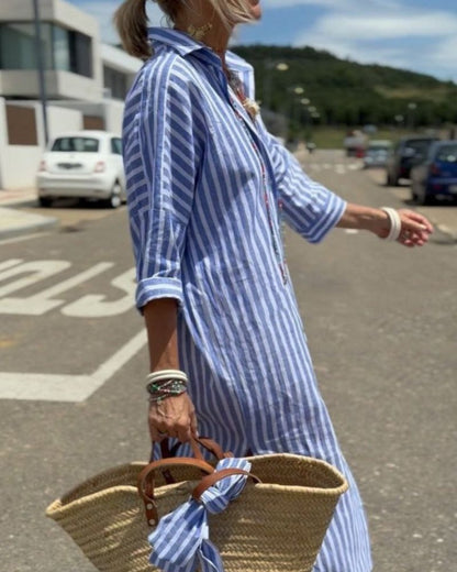 Effortless Striped Linen Shirt Dress for Women with Collar Elbow Sleeve Button Front Side Slit Casual Style
