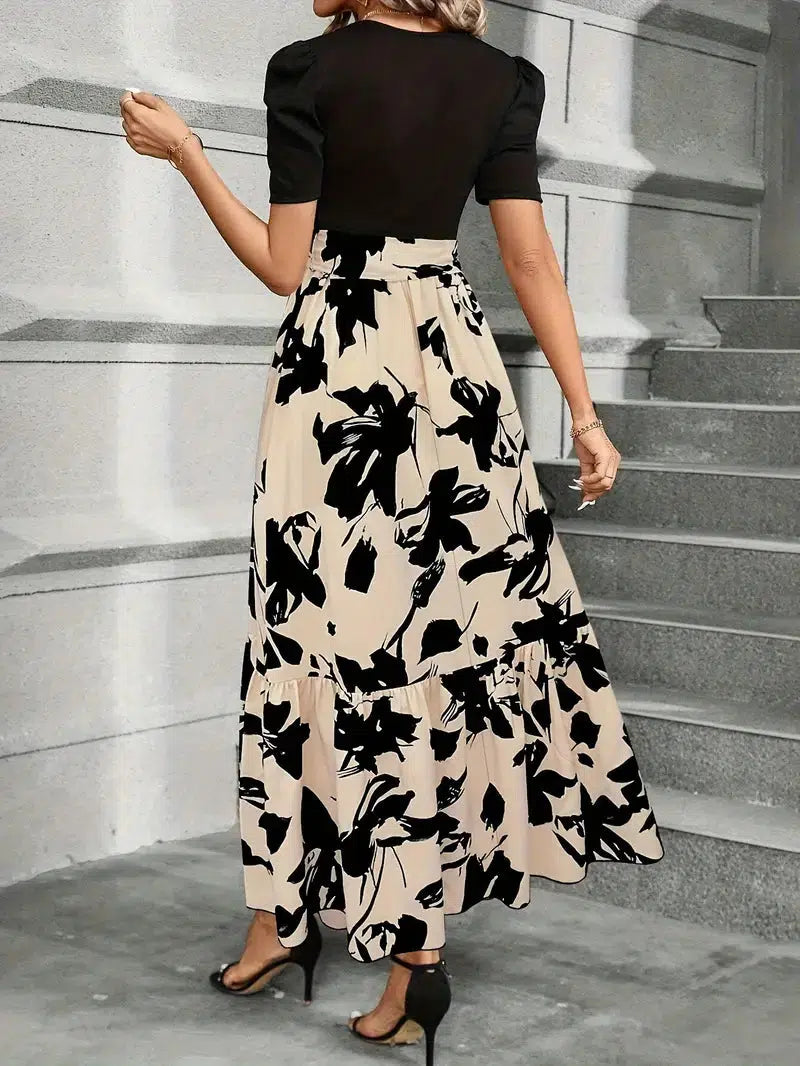 Elegant Floral Print Maxi Dress for Women with Round Neck Puff Sleeve Tie Waist Ruffle Hem Style