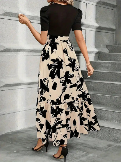 Elegant Floral Print Maxi Dress for Women with Round Neck Puff Sleeve Tie Waist Ruffle Hem Style