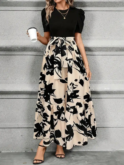 Elegant Floral Print Maxi Dress for Women with Round Neck Puff Sleeve Tie Waist Ruffle Hem Style