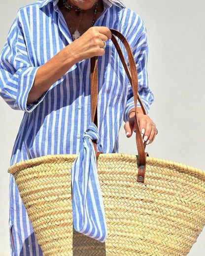 Effortless Striped Linen Shirt Dress for Women with Collar Elbow Sleeve Button Front Side Slit Casual Style