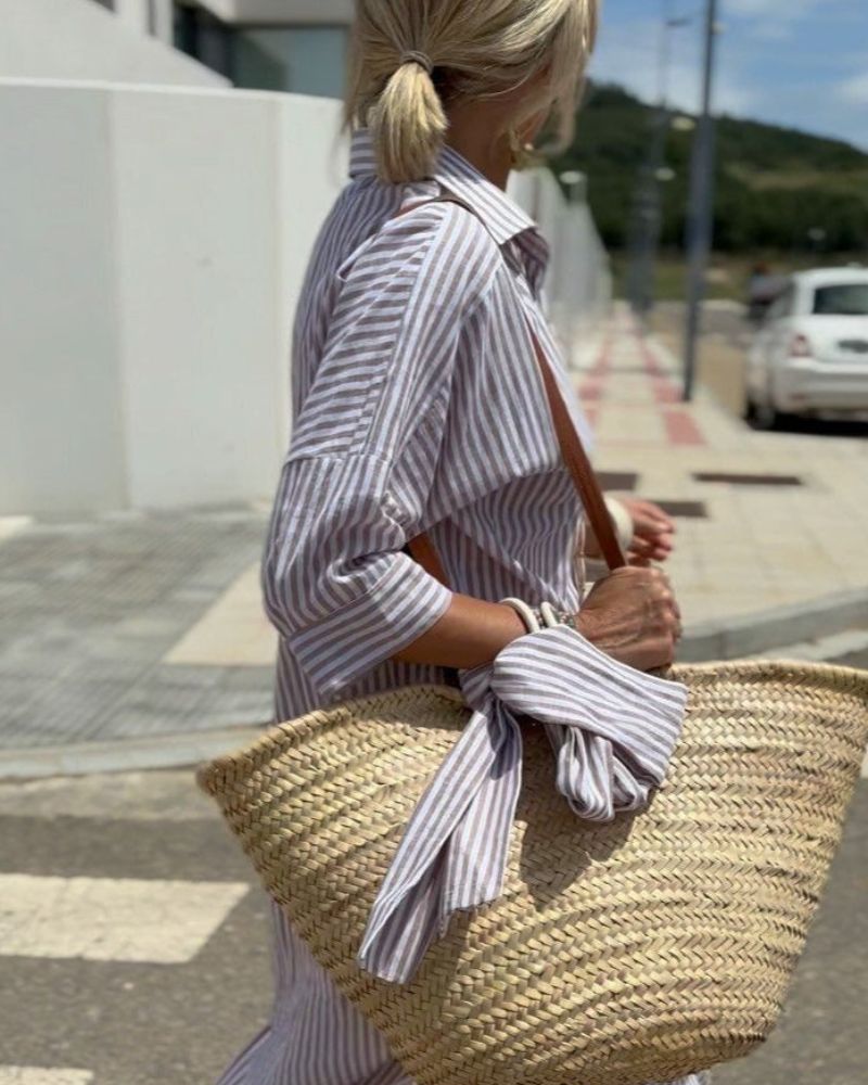 Effortless Striped Linen Shirt Dress for Women with Collar Elbow Sleeve Button Front Side Slit Casual Style