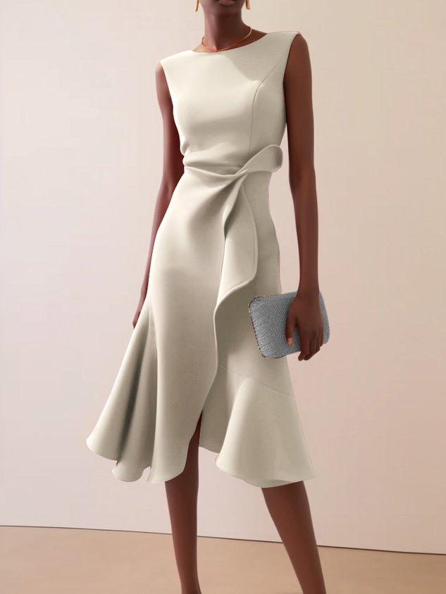 Elegant Draped Sheath Midi Dress for Women with Boat Neck Sleeveless Ruffle Hem Cocktail Style