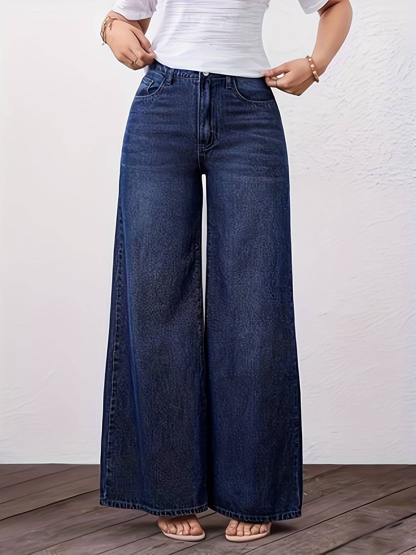 Effortless Relaxed Blue Wide Leg Jeans for Women with High Waist Straight Style