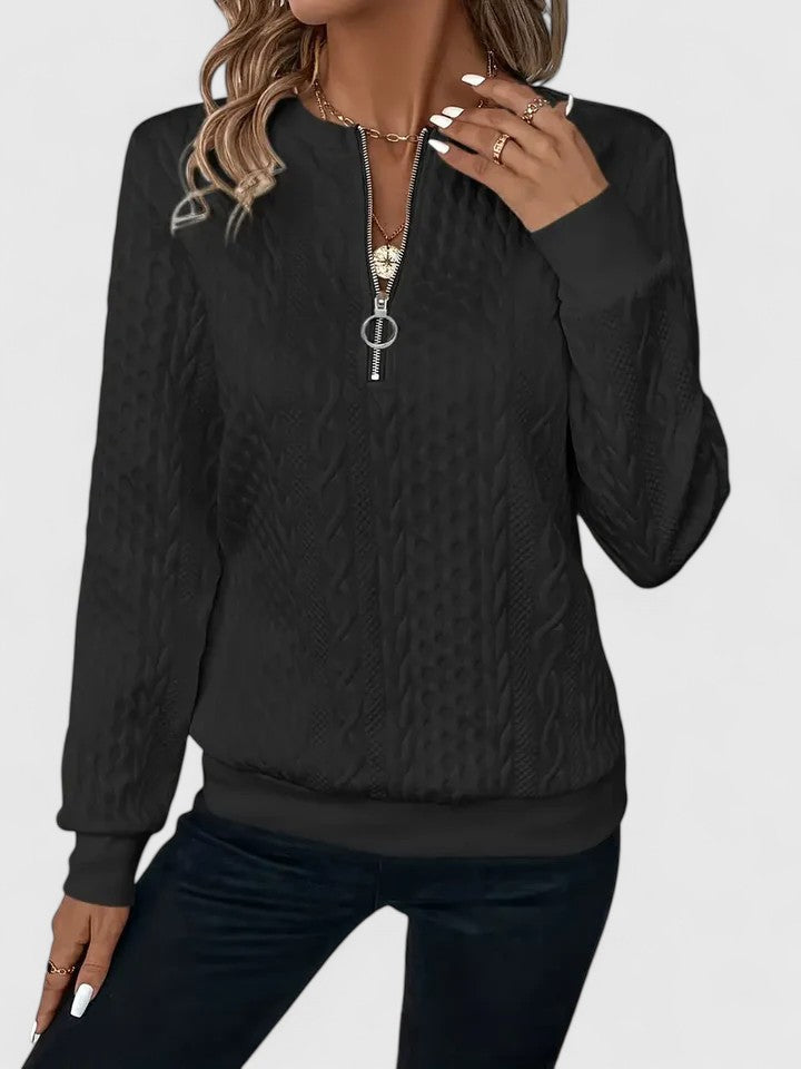 Comfortable Cable Knit Pullover Sweater for Women with Zip Neck Long Sleeve Relaxed Oversized Casual Style