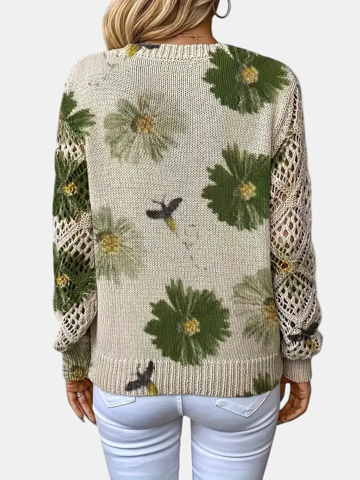 Comfortable Floral Print Sweater for Women with V Neck Long Sleeve Crochet Panel Oversized Knit Style