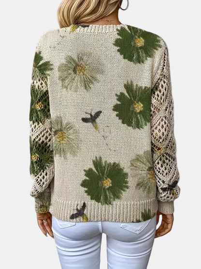 Comfortable Floral Print Sweater for Women with V Neck Long Sleeve Crochet Panel Oversized Knit Style