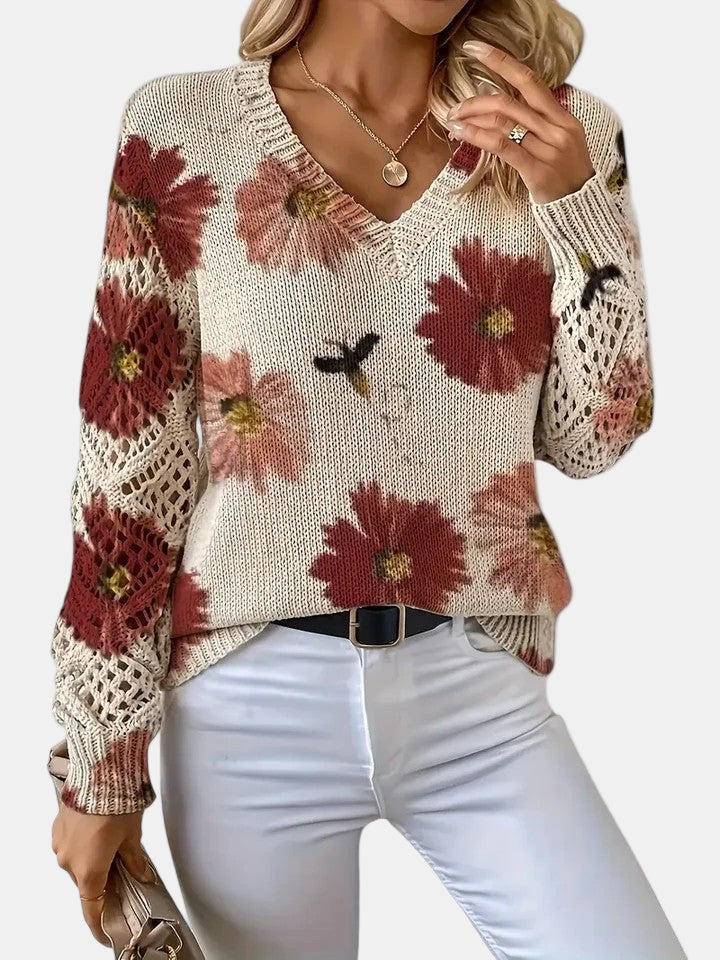 Comfortable Floral Crochet Sweater for Women with V Neck Long Sleeve Relaxed Oversized Knit Style