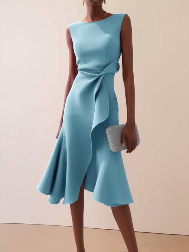 Elegant Draped Sheath Midi Dress for Women with Boat Neck Sleeveless Ruffle Hem Cocktail Style