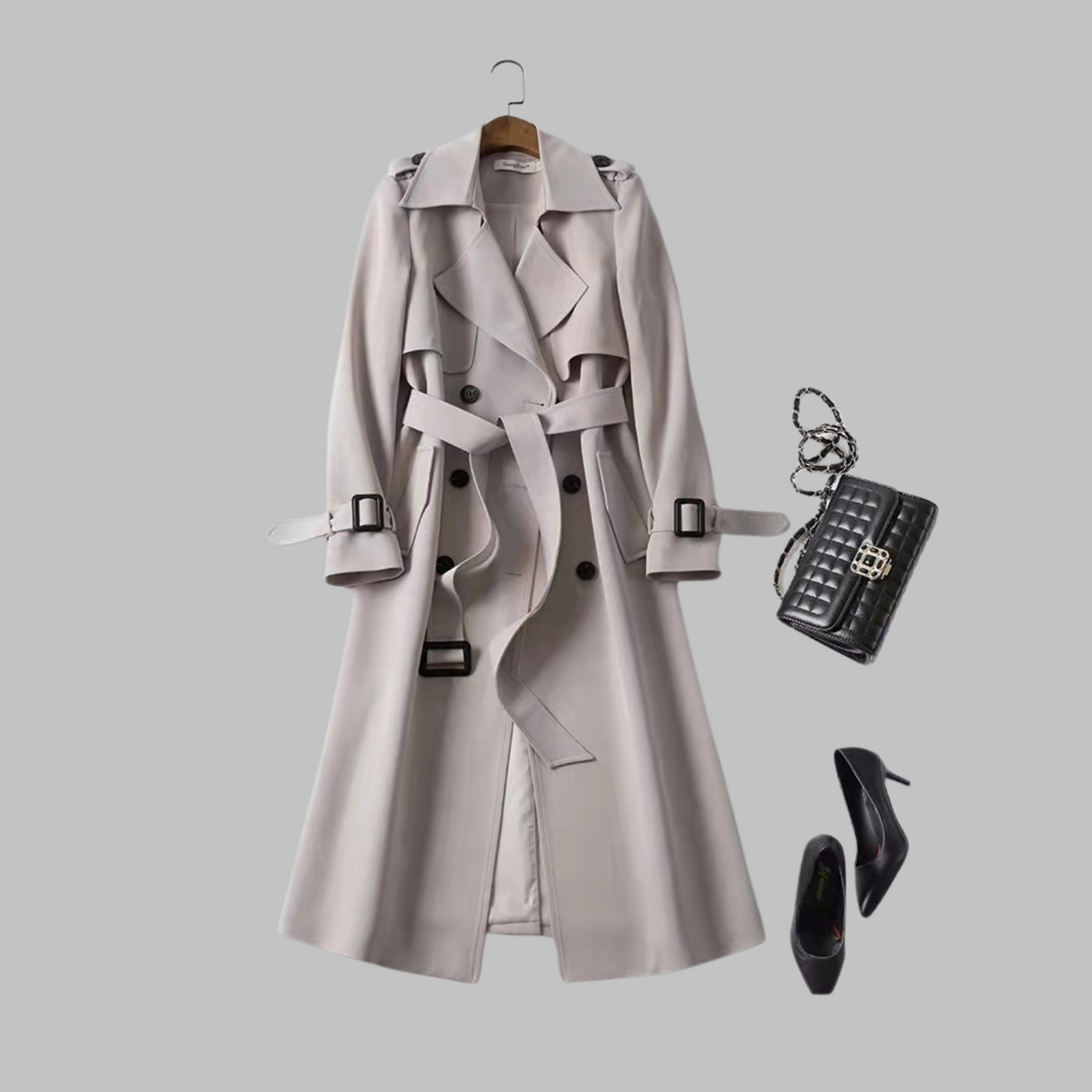 Elegant Double Breasted Trench Coat for Women with Notched Lapel Long Sleeve Belted Flowing Style