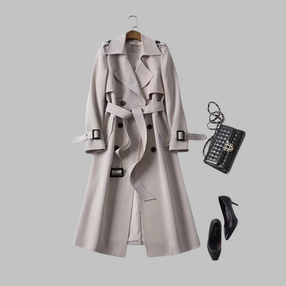Elegant Double Breasted Trench Coat for Women with Notched Lapel Long Sleeve Belted Flowing Style