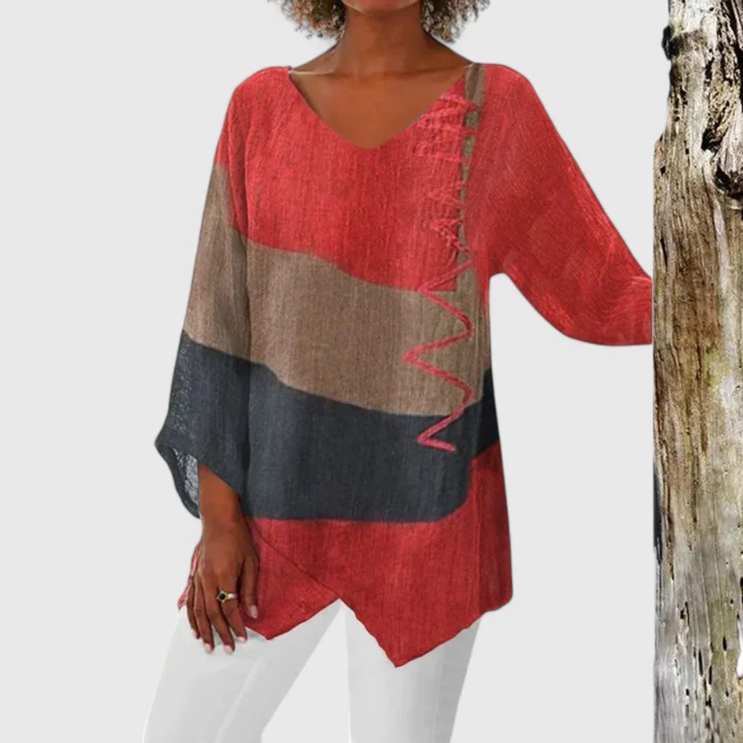 Effortless Colorblock Linen Tunic for Women with V Neck Dolman Sleeve Asymmetrical Hem Casual Style