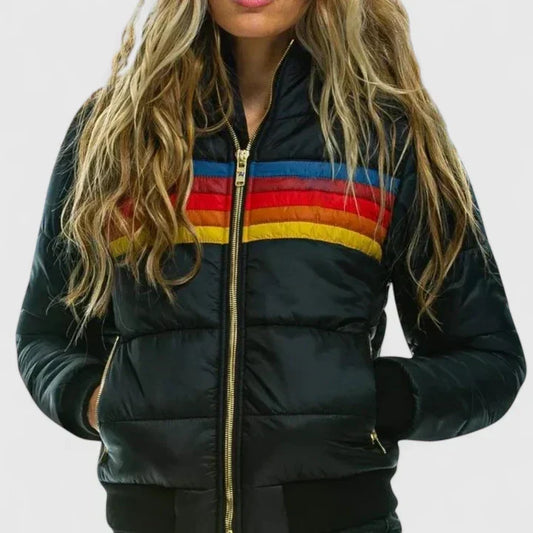 Effortless Rainbow Stripe Puffer Jacket for Women with Stand Collar Long Sleeve Zip Front Quilted Casual Style