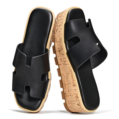 Comfortable Slide Sandals for Women with Cut Out Wide Strap Cork Platform Open Toe Style