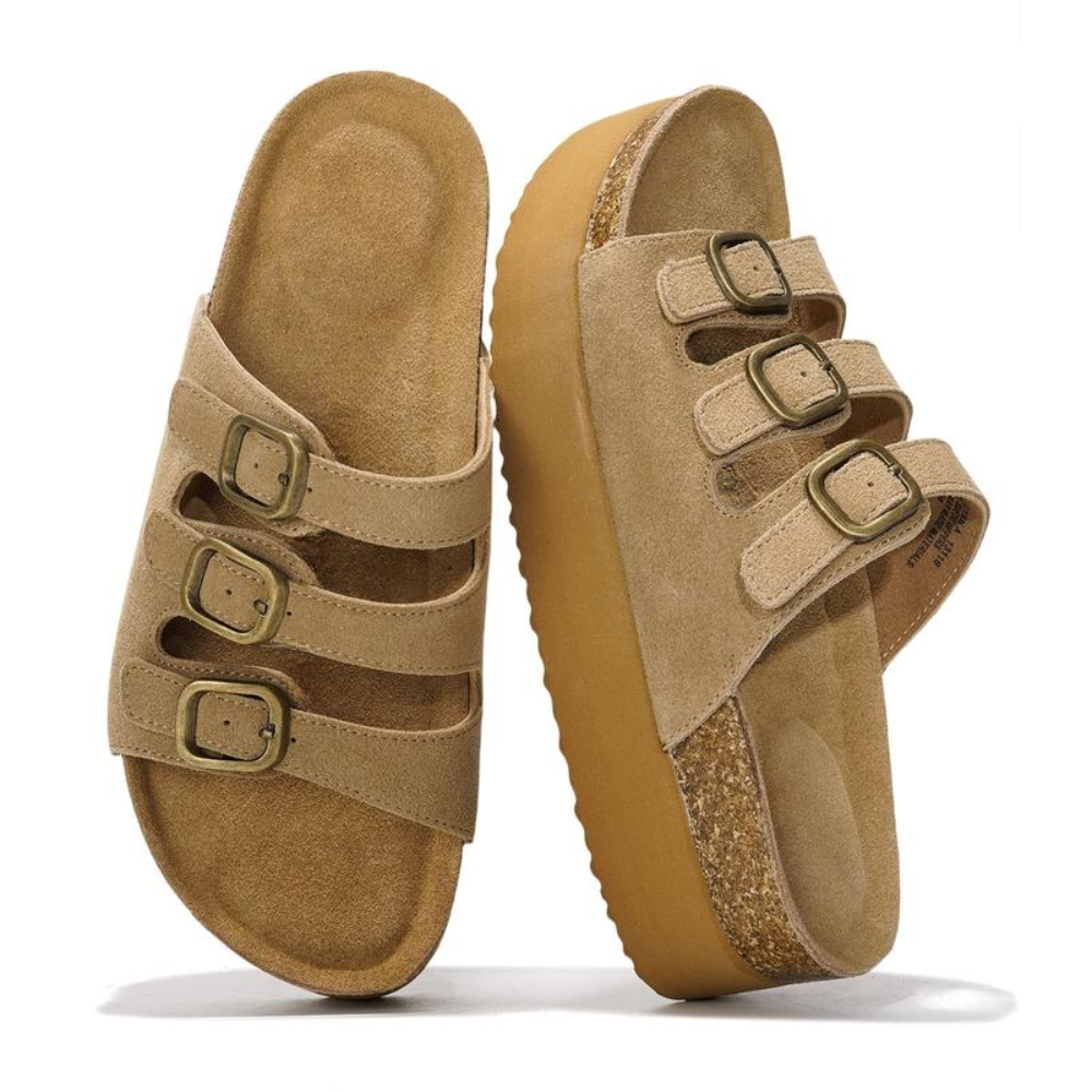 Comfortable Platform Sandals for Women with Triple Buckle Strap Cork Footbed Slide Style