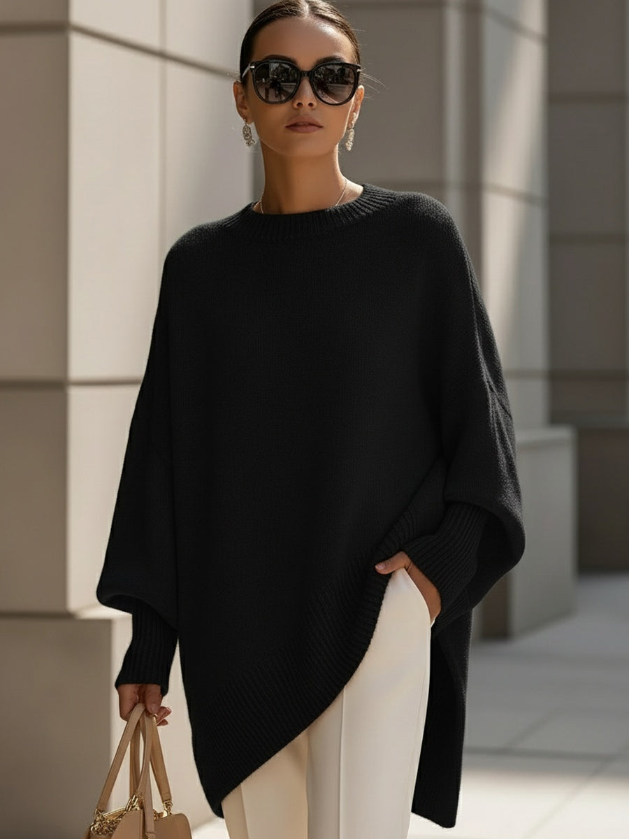 Comfortable Ribbed Trim Oversized Sweater for Women with Crew Neck Batwing Sleeve Asymmetric Hem Knit Style