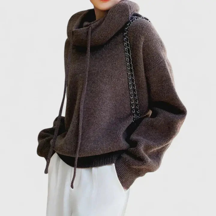 Comfortable Cowl Neck Sweater for Women with Drawstring Hood Long Sleeve Oversized Knit Style