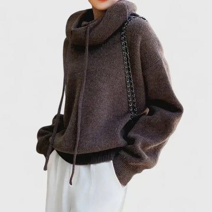 Comfortable Cowl Neck Sweater for Women with Drawstring Hood Long Sleeve Oversized Knit Style