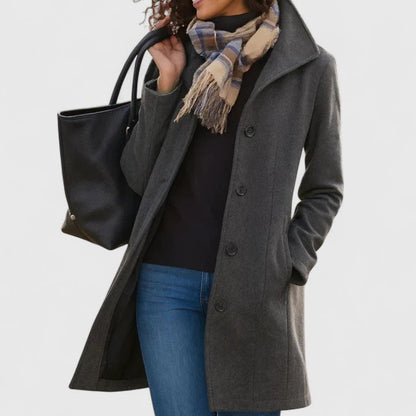 Elegant Wool Pea Coat for Women with Notch Collar Long Sleeve Button Front Longline Casual Style
