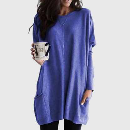 Comfortable Oversized Tunic Top for Women with Round Neck Long Sleeve Relaxed Pocket Casual Style