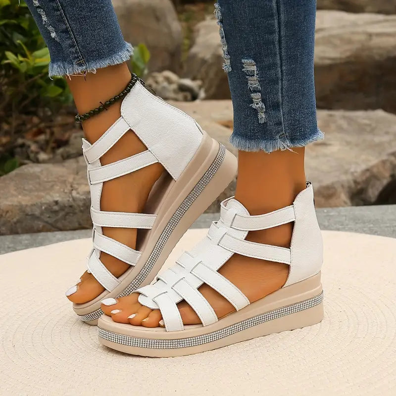 Comfortable Gladiator Sandals for Women with Caged Strap Espadrille Platform Zip Back Wedge Style