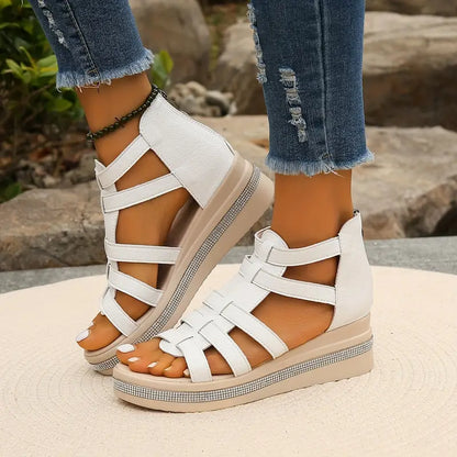 Comfortable Gladiator Sandals for Women with Caged Strap Espadrille Platform Zip Back Wedge Style