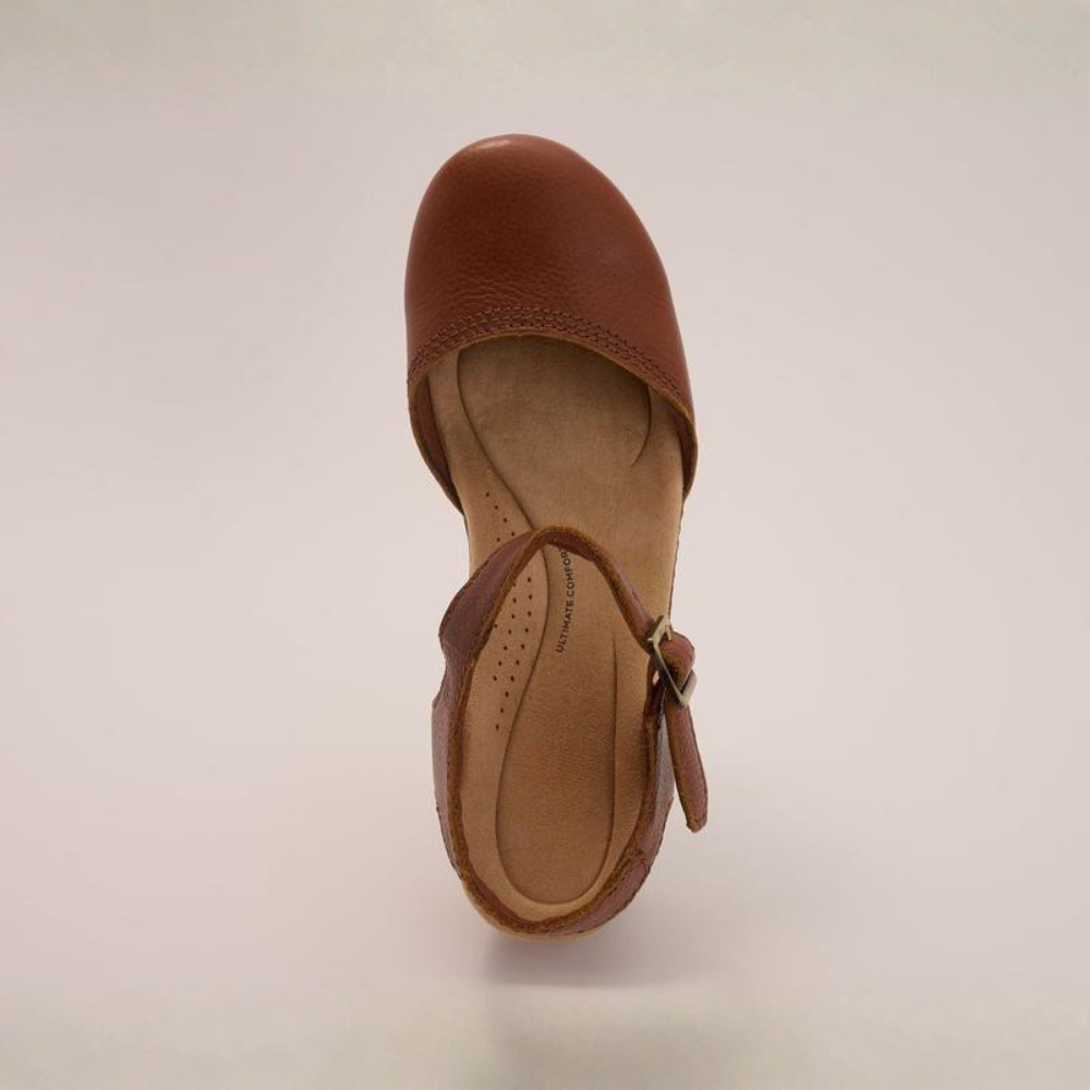 Comfortable Clogs for Women with Buckle Ankle Strap Wood Look Block Heel Closed Toe Style