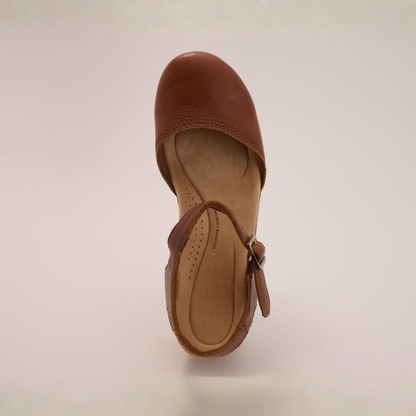 Comfortable Clogs for Women with Buckle Ankle Strap Wood Look Block Heel Closed Toe Style
