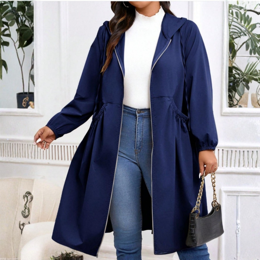 Effortless Hooded Longline Trench Coat for Women with Zip Front Long Sleeve Drawstring Waist Casual Style