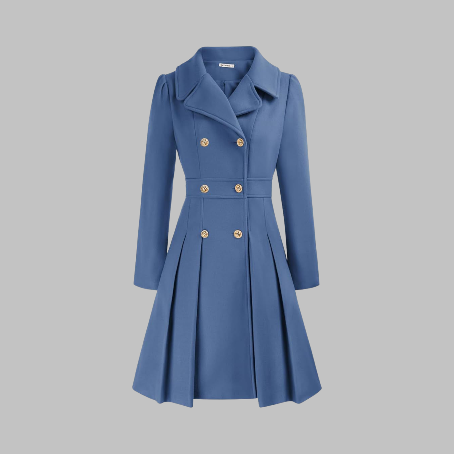 Elegant Wool Coat for Women with Notched Lapel Long Sleeve Double Breasted Pleated Flare Style