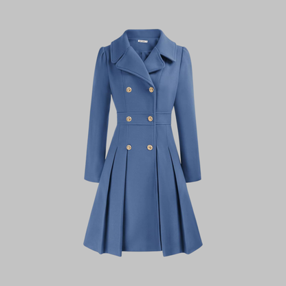 Elegant Wool Coat for Women with Notched Lapel Long Sleeve Double Breasted Pleated Flare Style