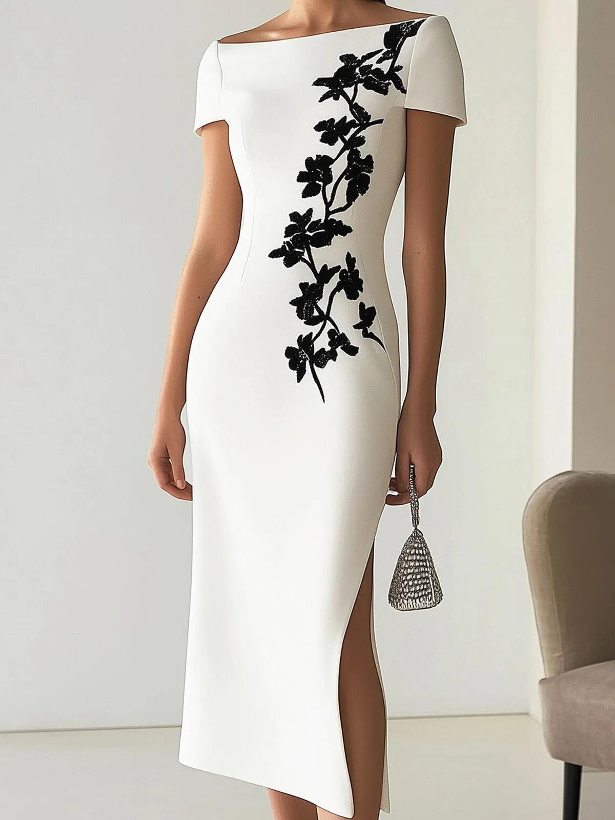 Elegant White Floral Lace Midi Dress for Women with Boat Neck Short Sleeve Bodycon Side Slit Style