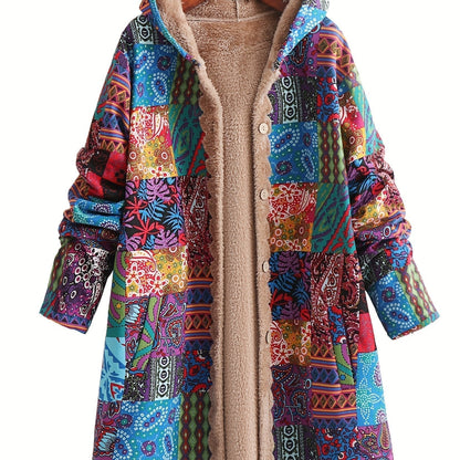 Effortless Patchwork Print Hooded Coat for Women with Fleece Lined Button Front Oversized Bohemian Style