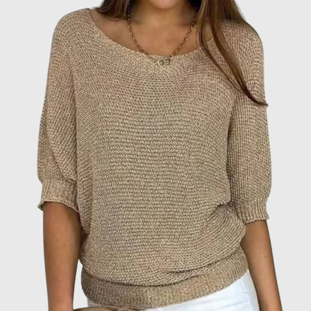 Comfortable Ribbed Sweater for Women with Scoop Neck Batwing Sleeve Relaxed Oversized Knit Style