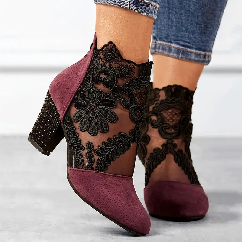 Elegant Ankle Boots for Women with Floral Lace Panel Block Heel Pointed Toe Style