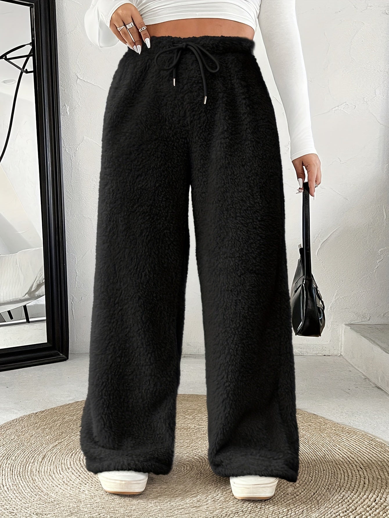 Comfortable Fuzzy Fleece Wide Leg Pants for Women with High Waist Drawstring Relaxed Casual Style