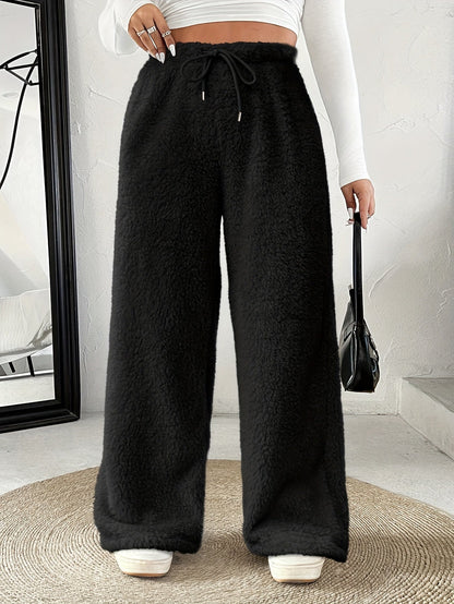 Comfortable Fuzzy Fleece Wide Leg Pants for Women with High Waist Drawstring Relaxed Casual Style