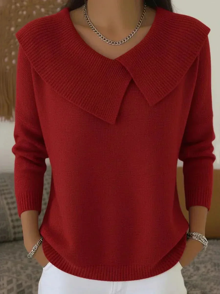Comfortable Foldover Collar Sweater for Women with V Neck Long Sleeve Relaxed Knit Style