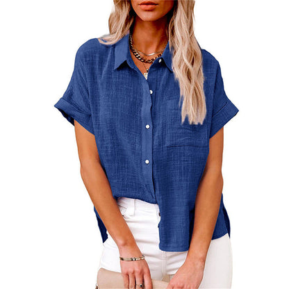 Effortless Linen Blouse for Women with Collar Short Sleeve Chest Pocket Relaxed Style