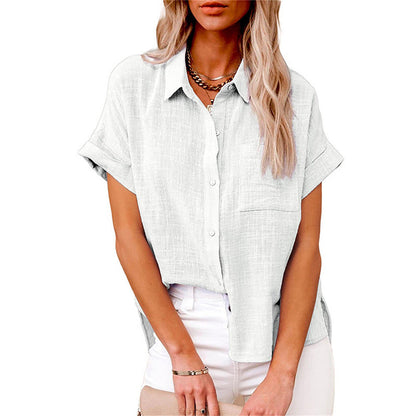 Effortless Linen Blouse for Women with Collar Short Sleeve Chest Pocket Relaxed Style