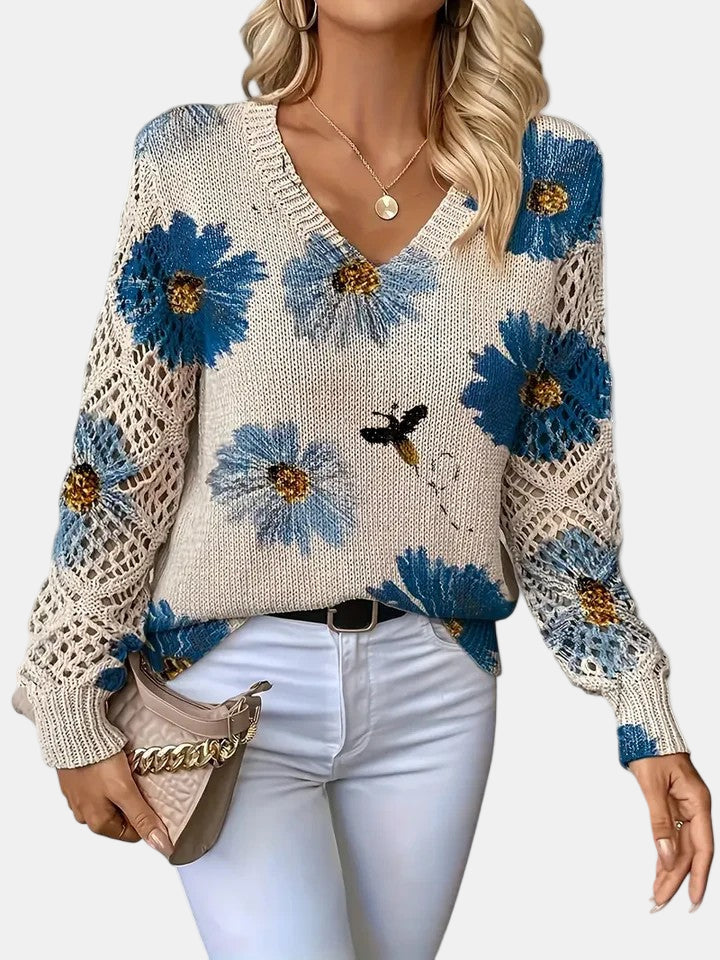 Comfortable Floral Print Sweater for Women with V Neck Long Sleeve Crochet Panel Oversized Knit Style