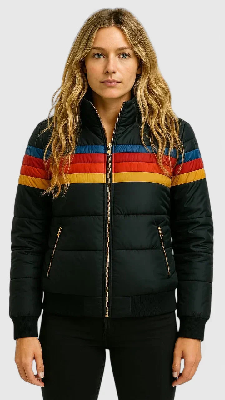 Effortless Rainbow Stripe Puffer Jacket for Women with Stand Collar Long Sleeve Zip Front Quilted Casual Style