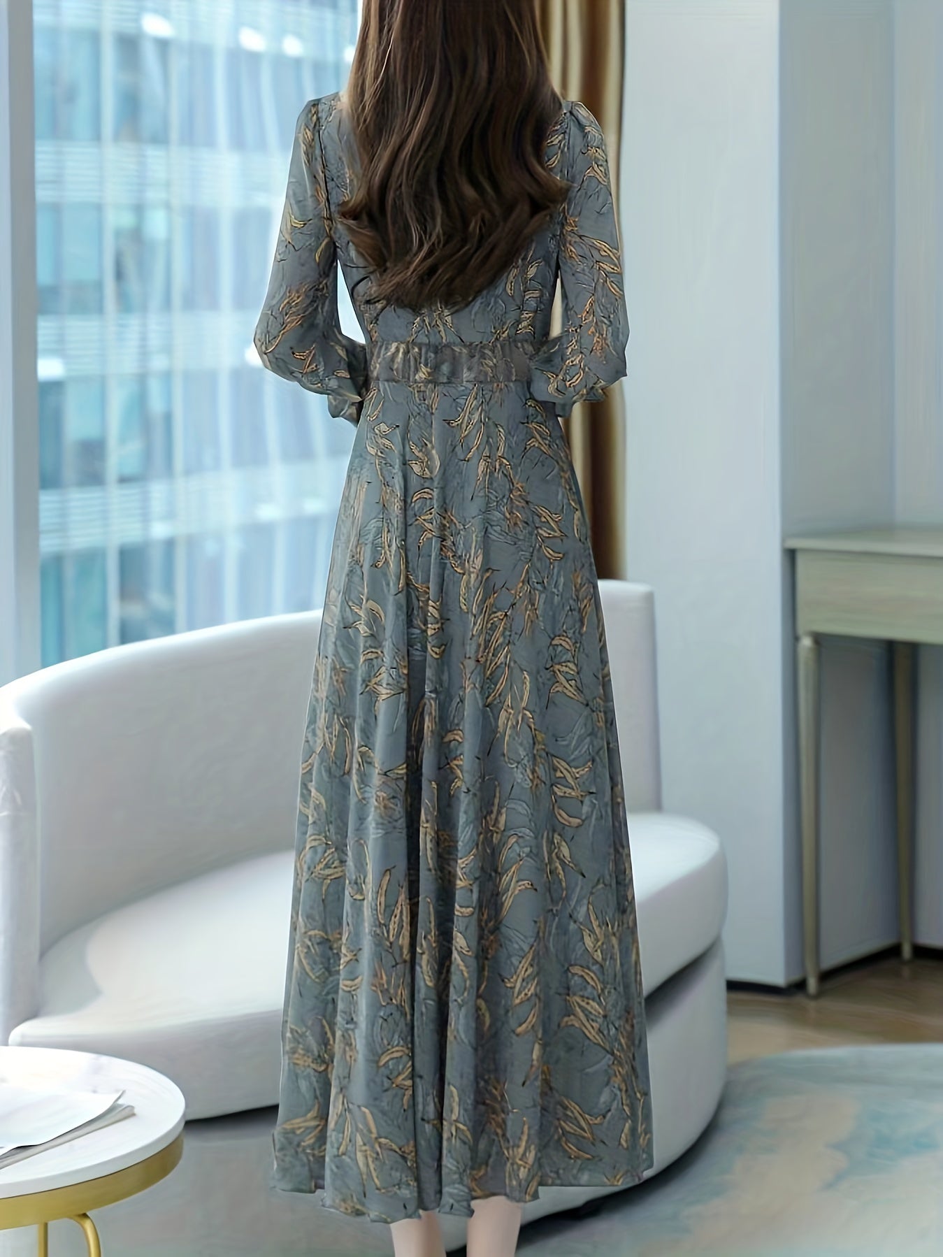 Elegant Sage Green Leaf Print Maxi Dress for Women with V Neck Long Sleeve Tie Waist Flowing Wedding Guest Style